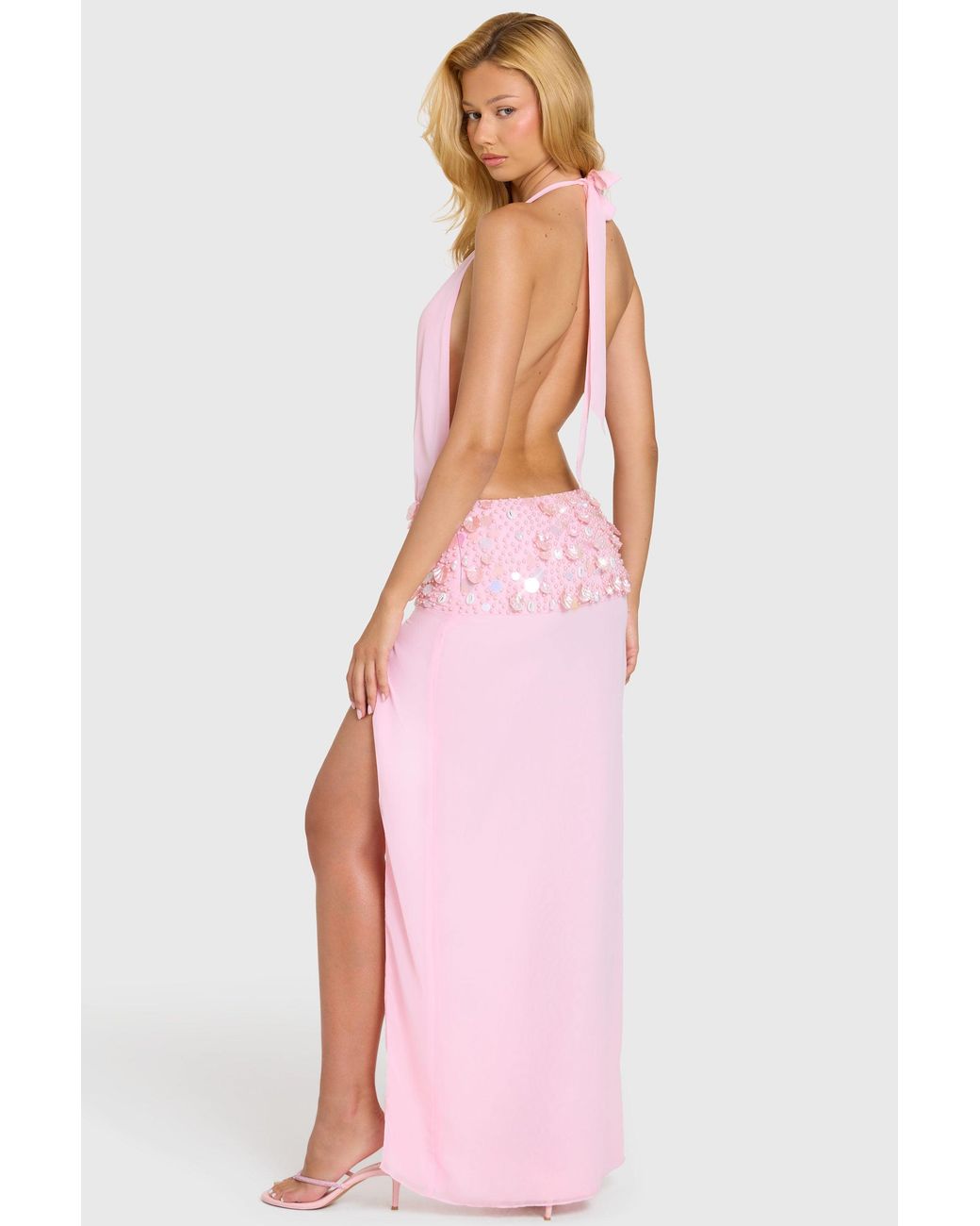 Oh Polly Pink Embellished Waist Maxi Dress