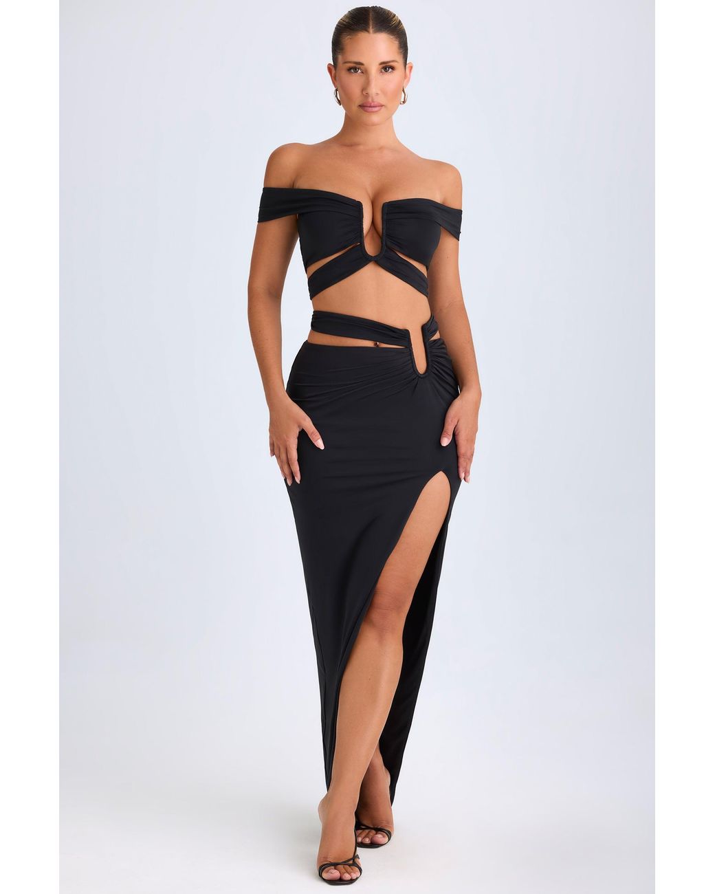Oh Polly Black Asymmetric Cut-Out Maxi Skirt