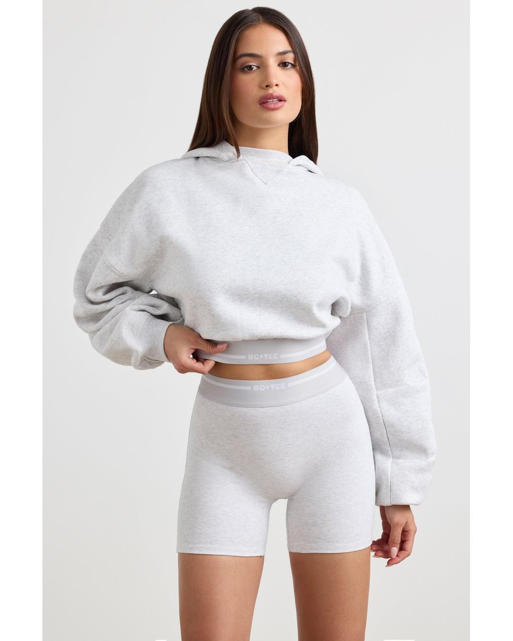 BO+TEE Gray Stretch Cotton Fleece Cropped Hoodie