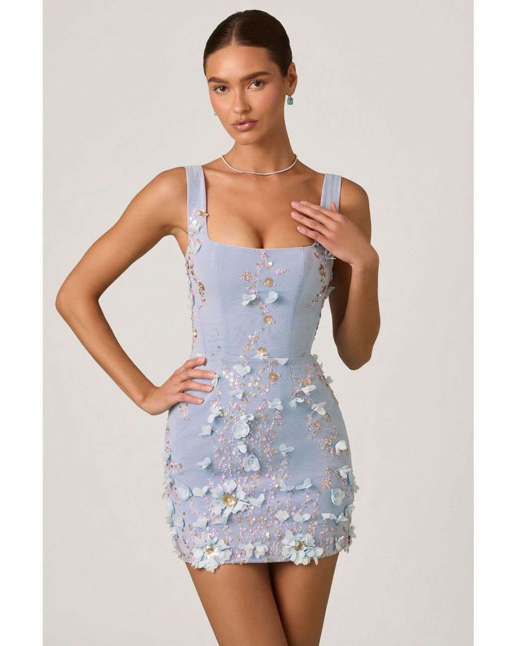 Oh Polly Blue Embellished Appliqué Corset Mini Dress