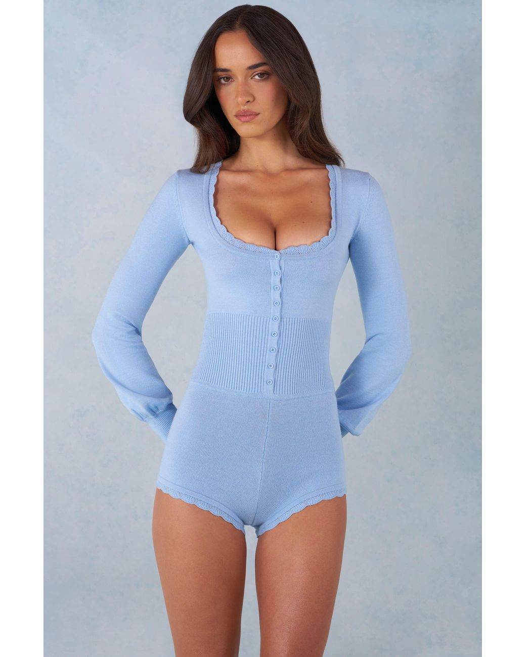 Oh Polly Blue Knit Long-Sleeve Romper