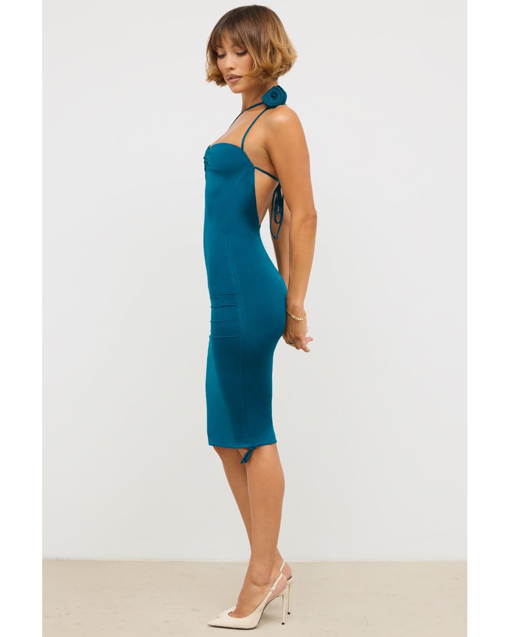 Oh Polly Green Slinky Jersey Rose Detail Ruched Mini/Midi Dress