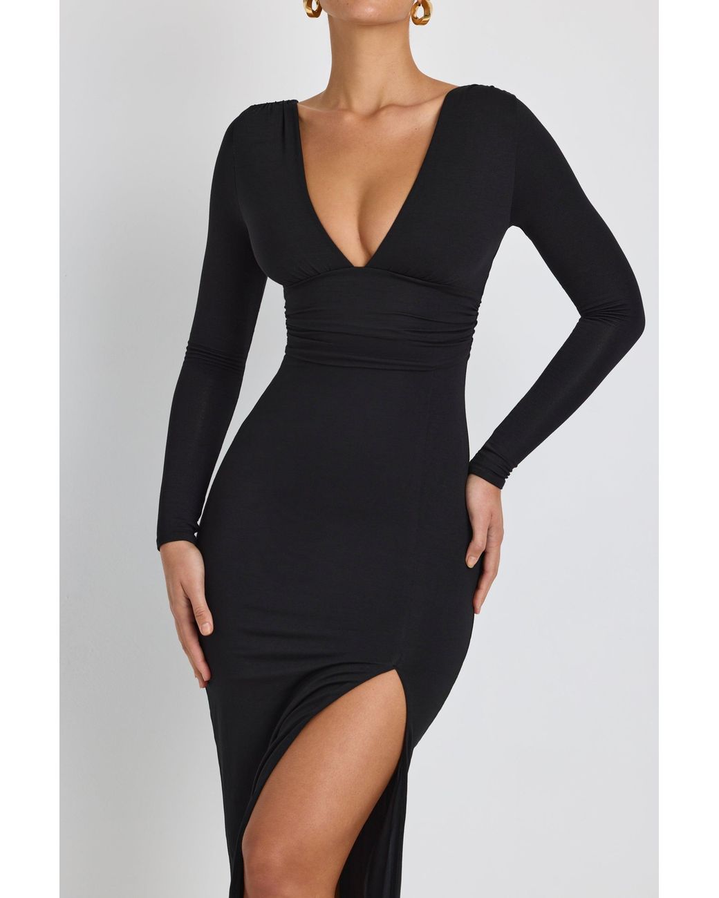 Oh Polly Black Modal Plunge Neck Long Sleeve Maxi Dress