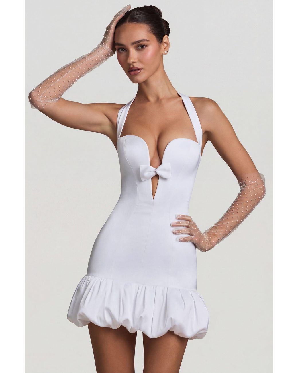 Oh Polly White Bow-Detail Halterneck Bubble Hem Mini Dress