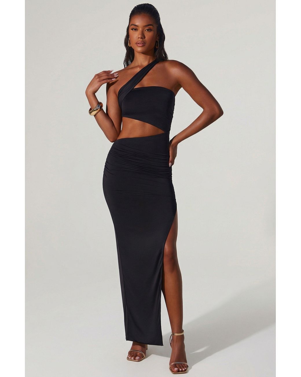 Oh Polly Black Asymmetric Neckline Ruched Cut Out Maxi Dress
