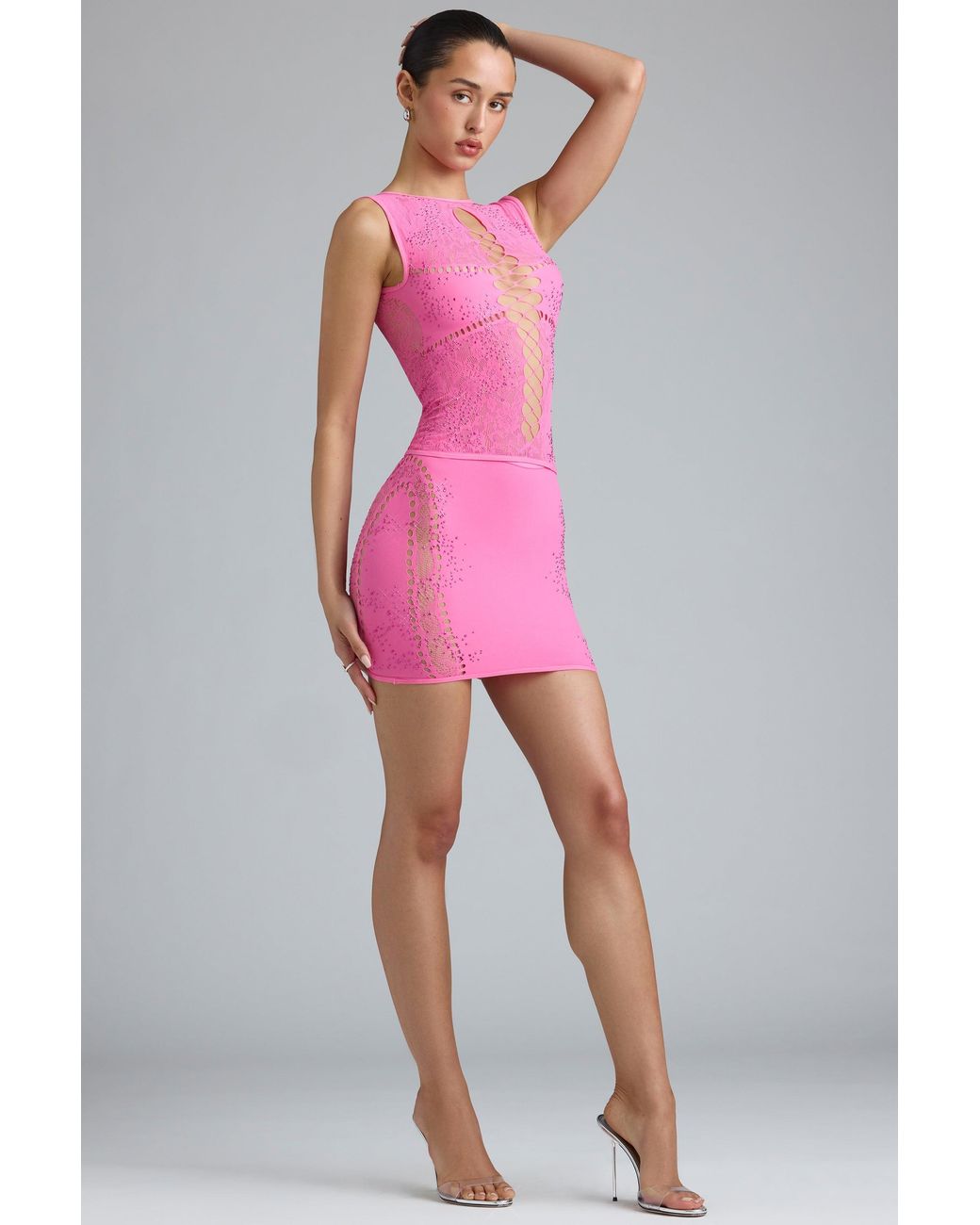 Oh Polly Pink Embellished Mid-Rise Mini Skirt