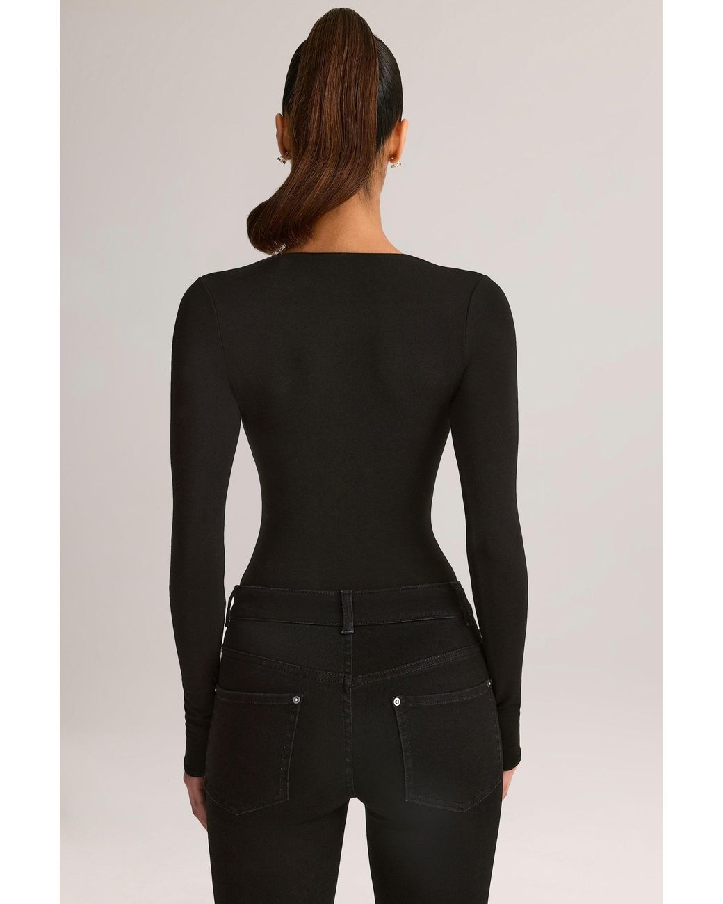 Oh Polly Black Modal Plunge Long-Sleeve Bodysuit