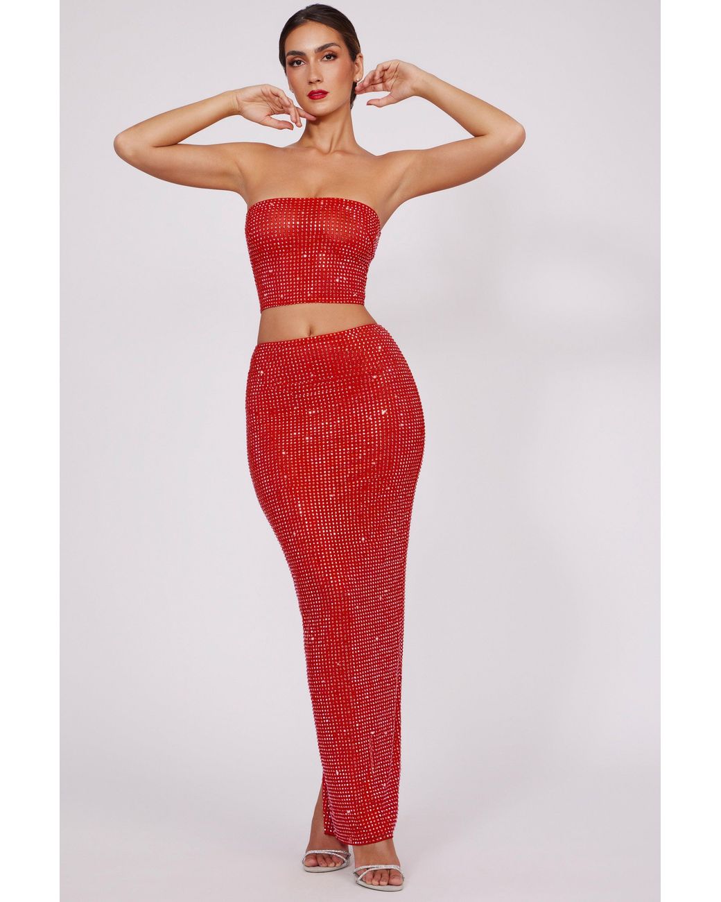 Oh Polly Red Embellished Mid Rise Maxi Skirt