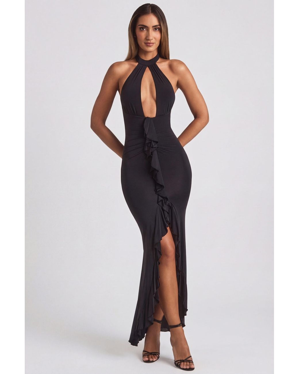 Oh Polly Black Ruffle-Trim Halterneck Gown