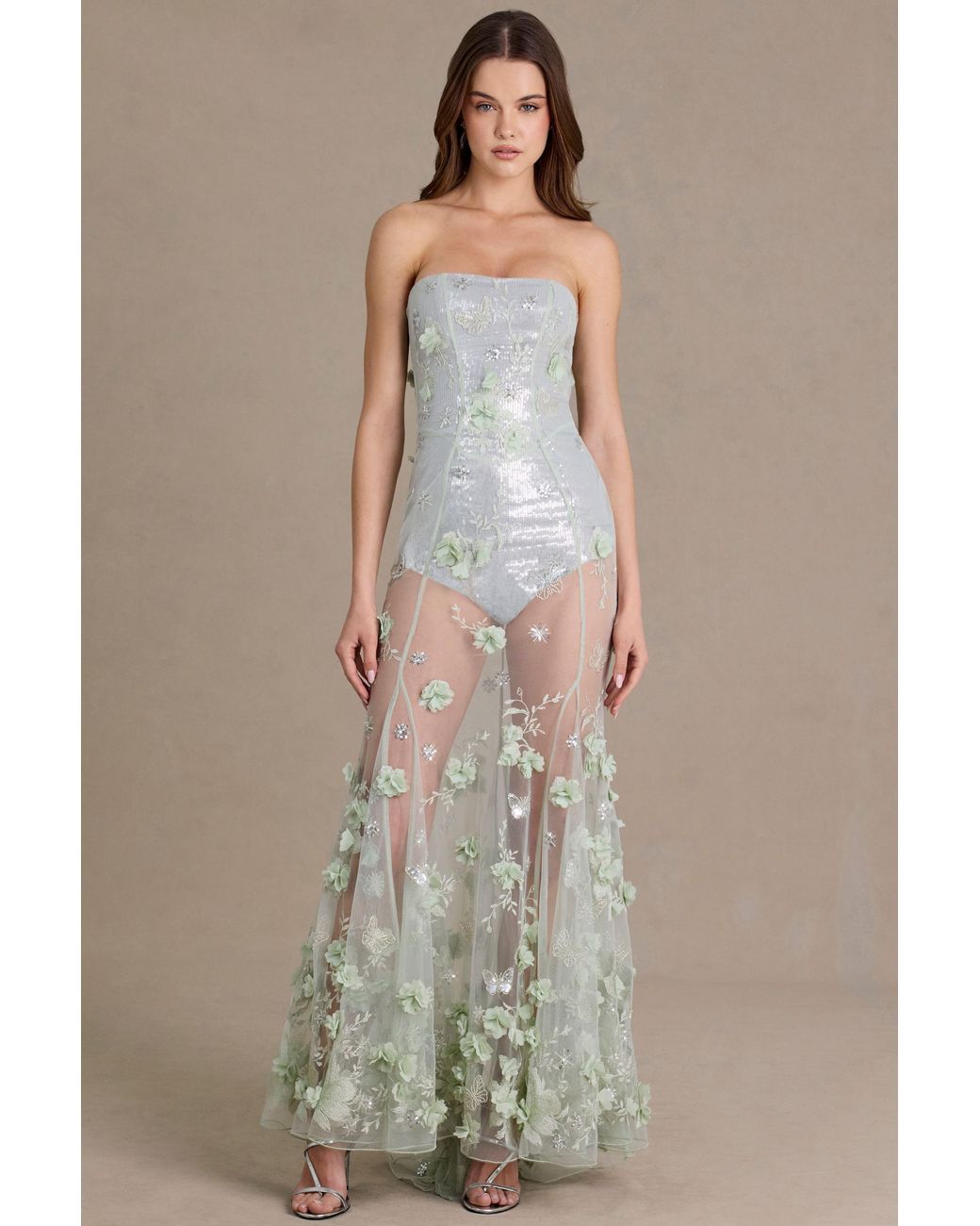 Oh Polly Green Embellished Tulle Corset Gown