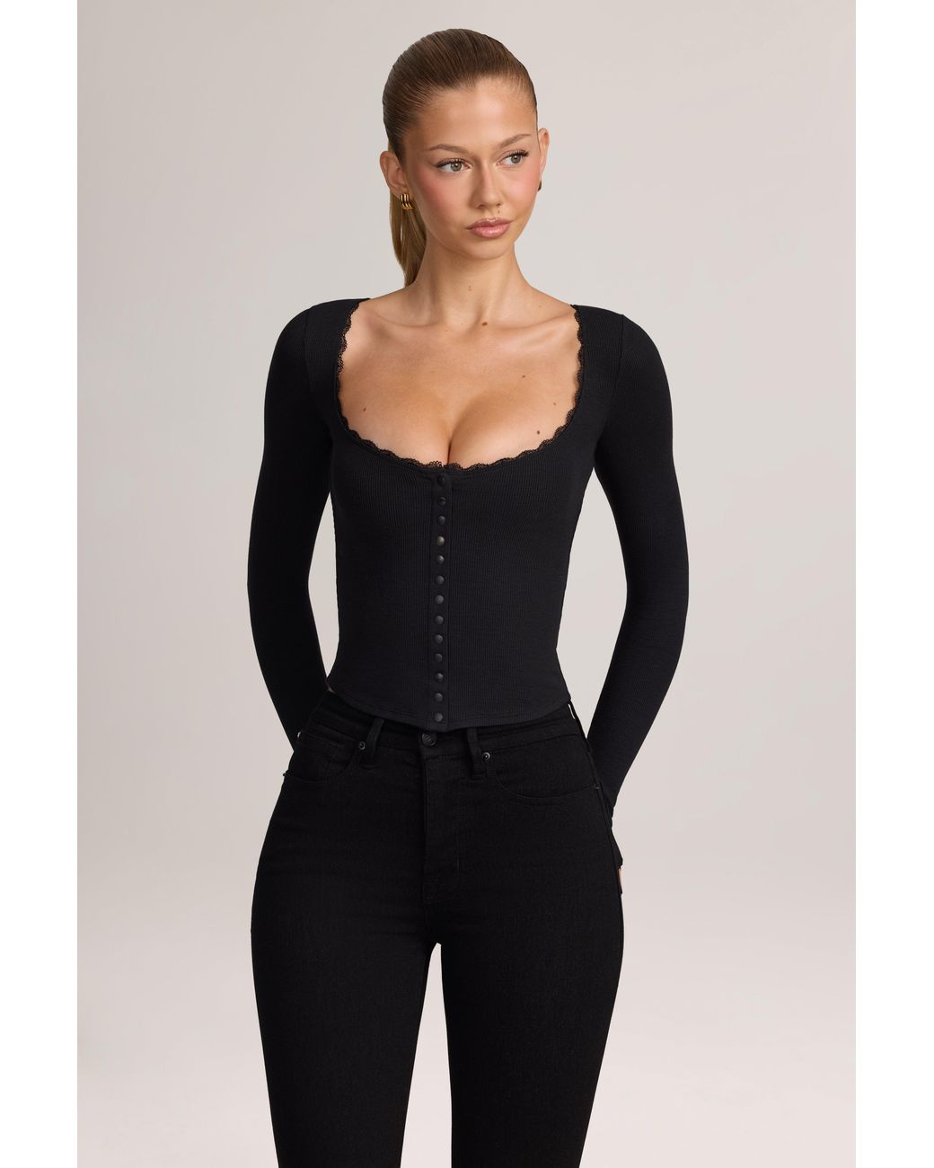 Oh Polly Black Ribbed Modal Lace-Trim Cardigan