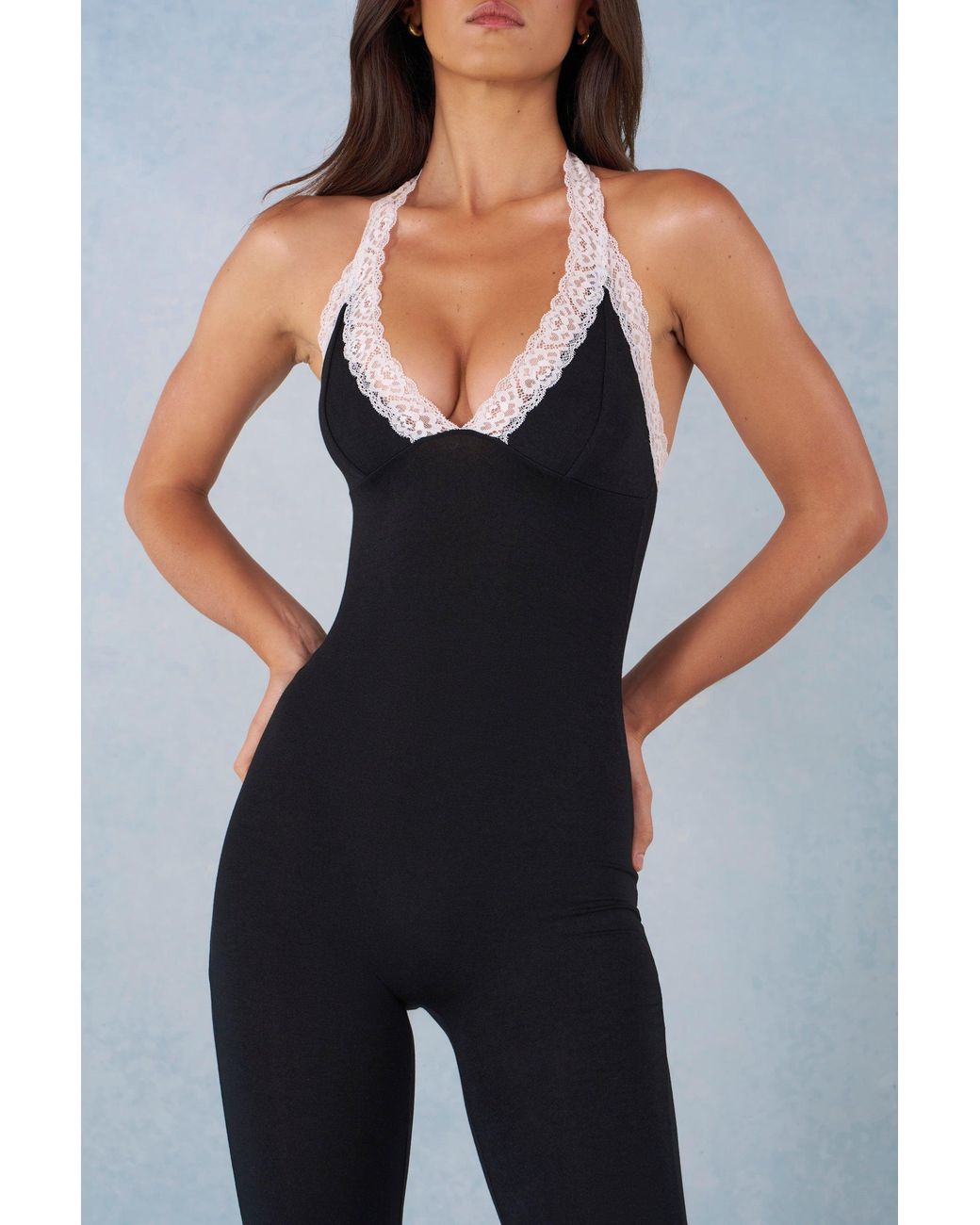Oh Polly Black Modal Lace-Trim Capri Jumpsuit