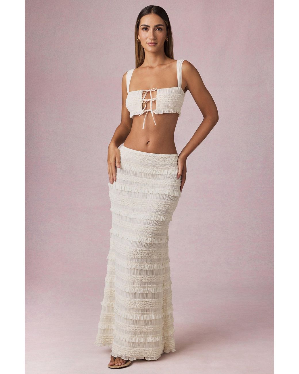 Oh Polly White Ruffled Mid-Rise Maxi Skirt