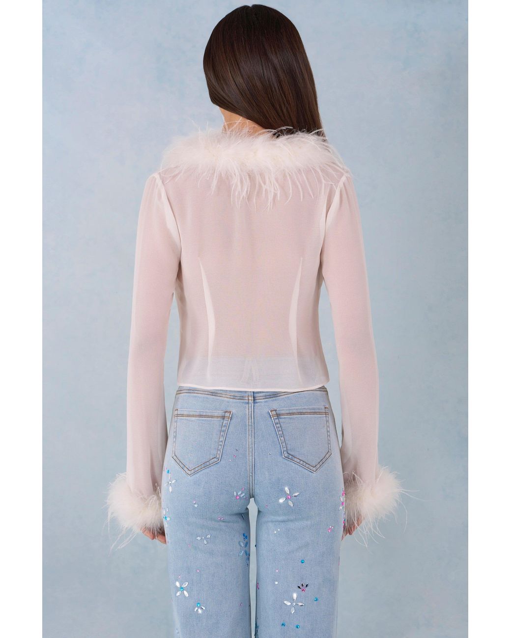 Oh Polly White Feather Trim Sheer Top