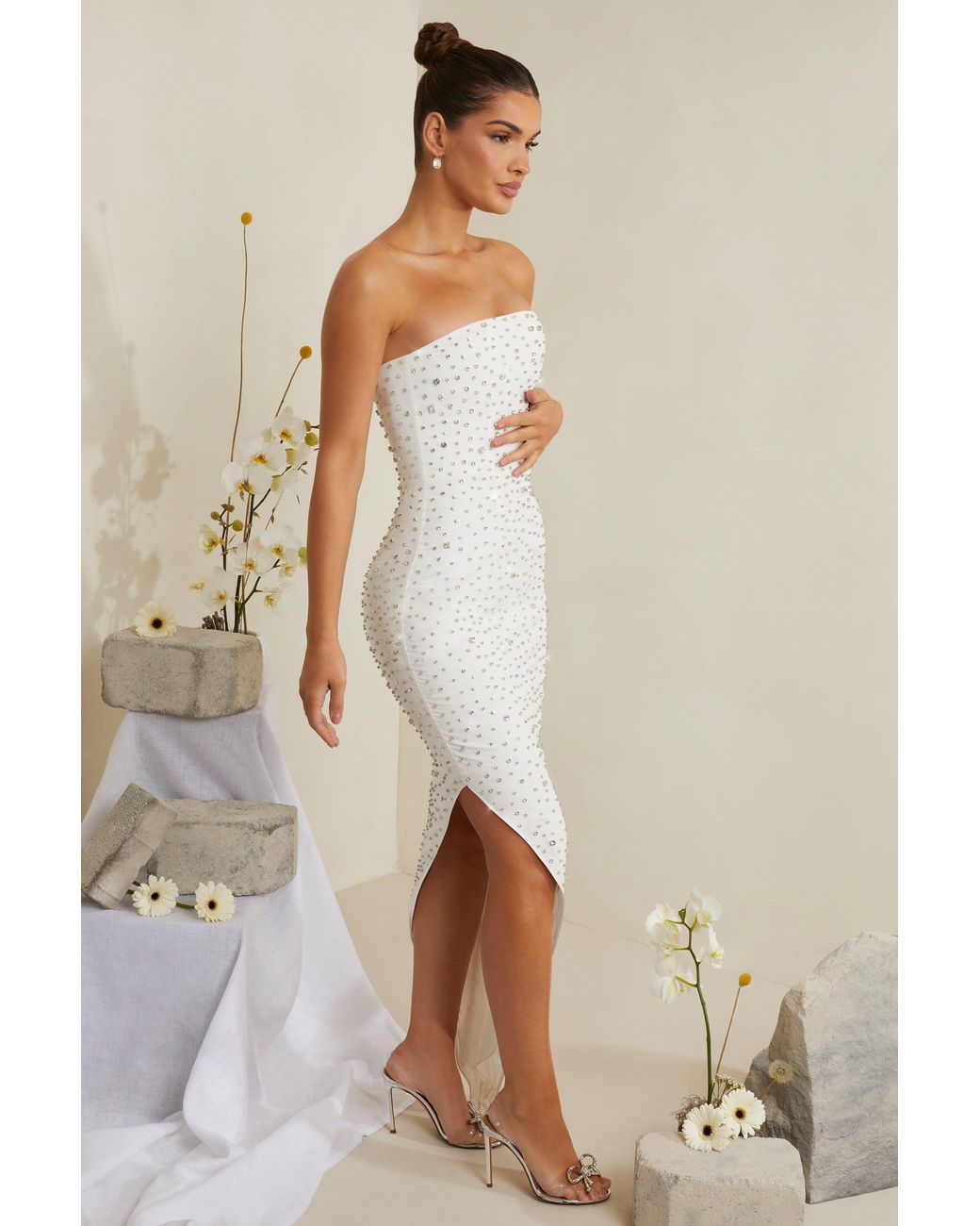 Oh Polly White Hand Embellished Asymmetric Midi Dress