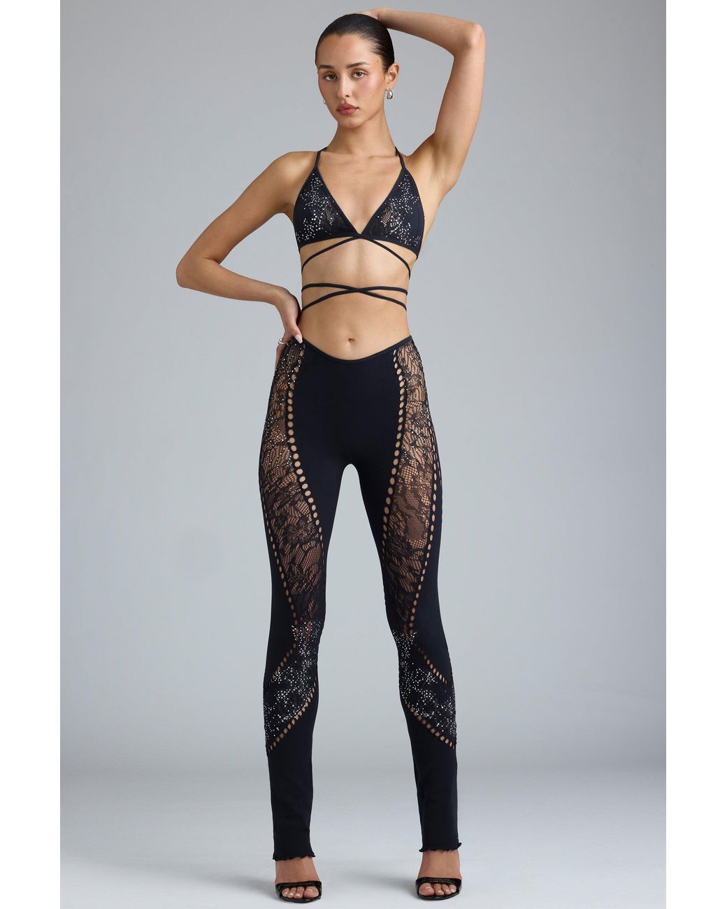 Oh Polly Black Embellished Mid-Rise Flared Trousers