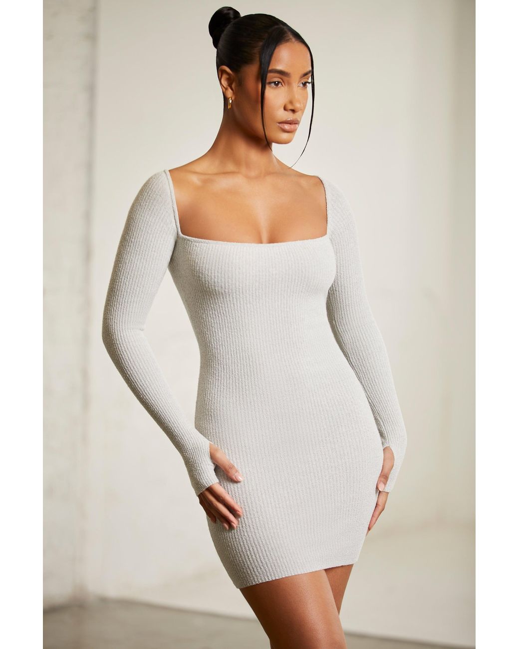 Oh Polly Gray Long Sleeve Square Neck Mini Dress