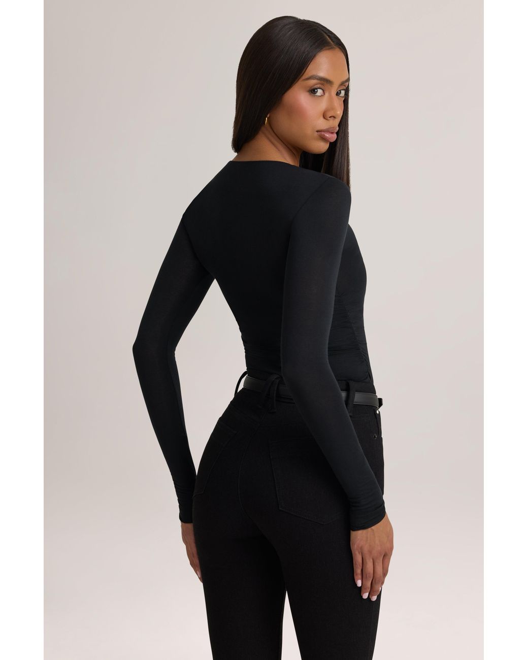 Oh Polly Black Modal Ruched Long-Sleeve Top