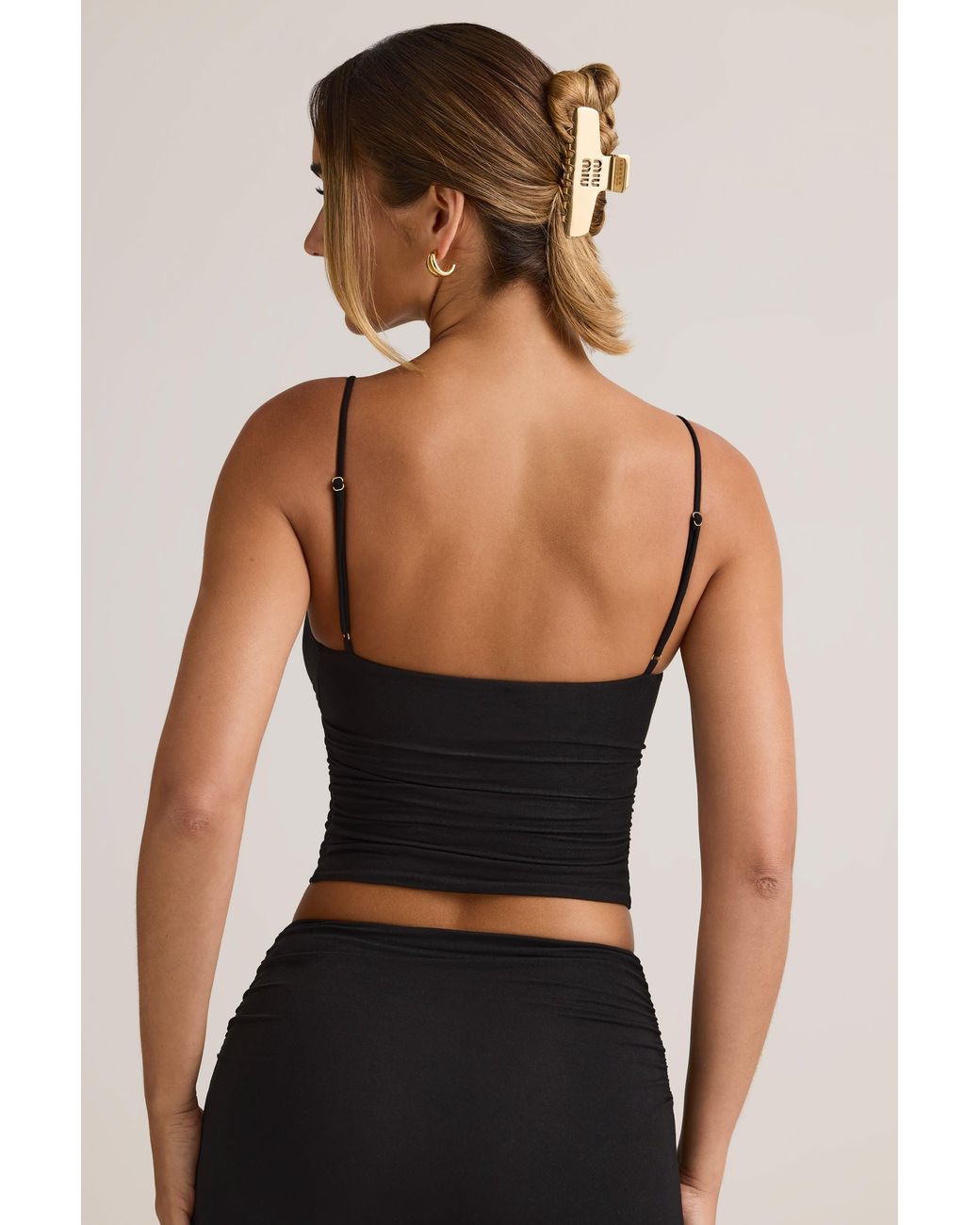 Oh Polly Black Modal V-Neck Ruched Camisole Top