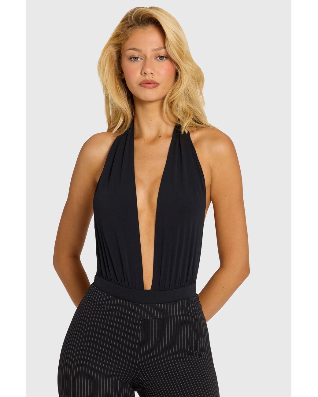 Oh Polly Black Plunge Halterneck Bodysuit