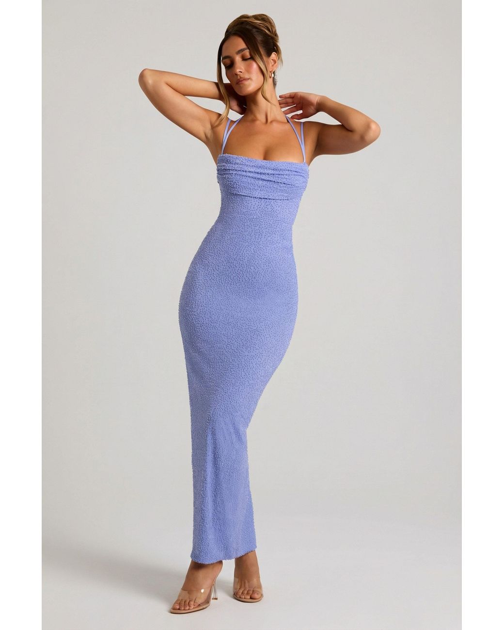 Oh Polly Blue Embellished Cowl Neck Maxi Dress