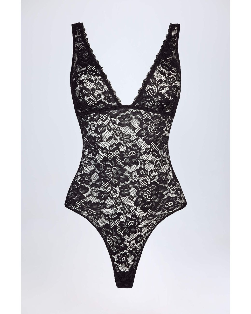 Oh Polly Black Sheer Lace Scalloped Plunge-Neck Bodysuit