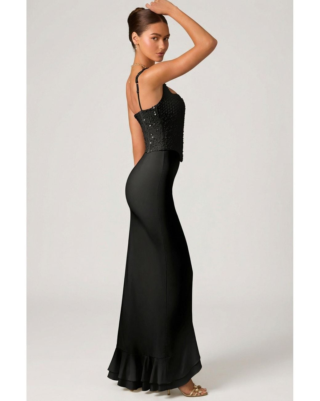 Oh Polly Black Embellished Ruffle-Trim Corset Gown