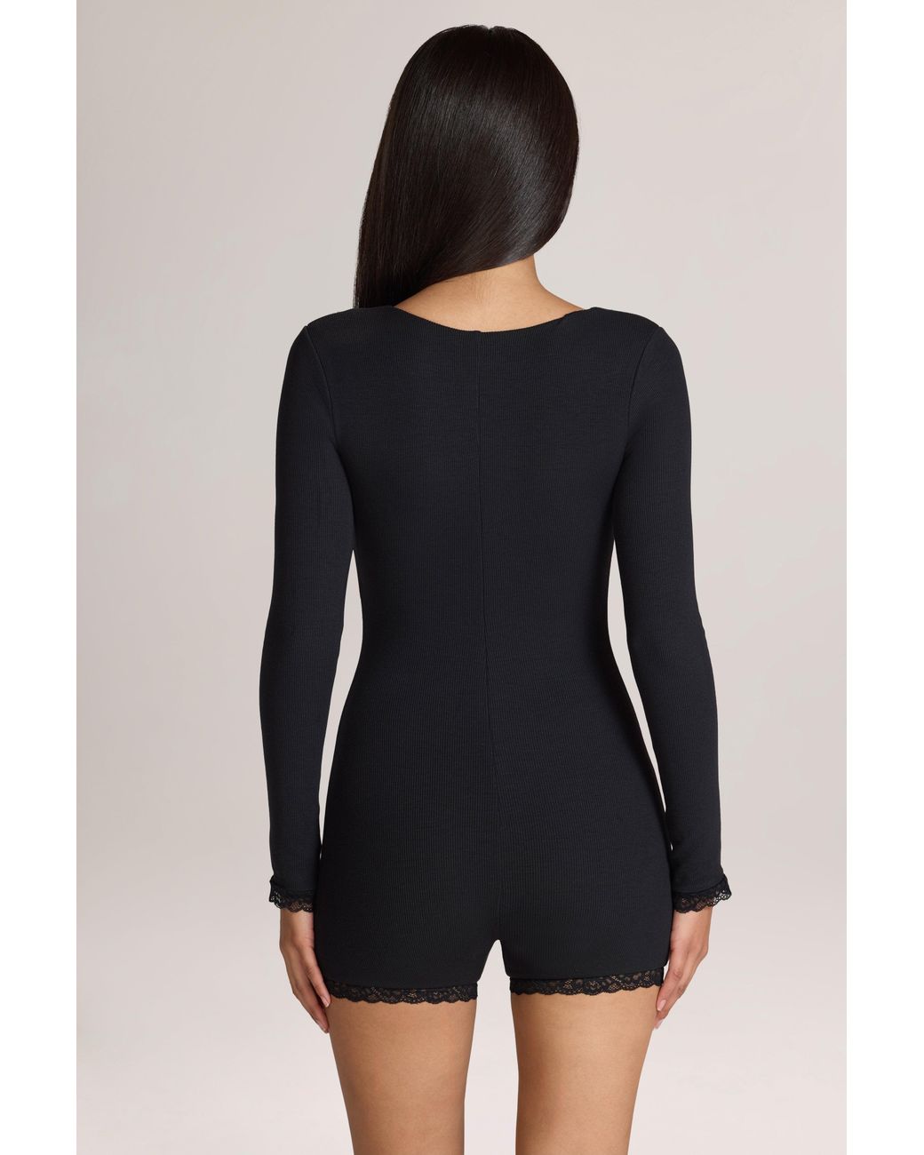 Oh Polly Black Ribbed Modal Lace-Trim Romper