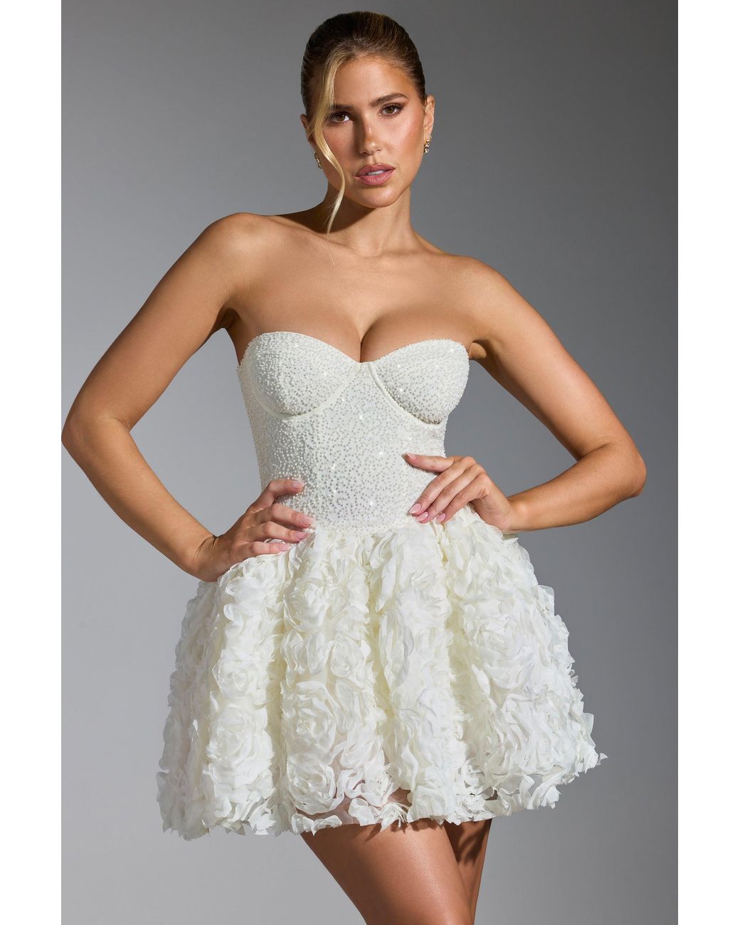 Oh Polly White Embellished Floral-Appliqué Lace-Up Mini Dress