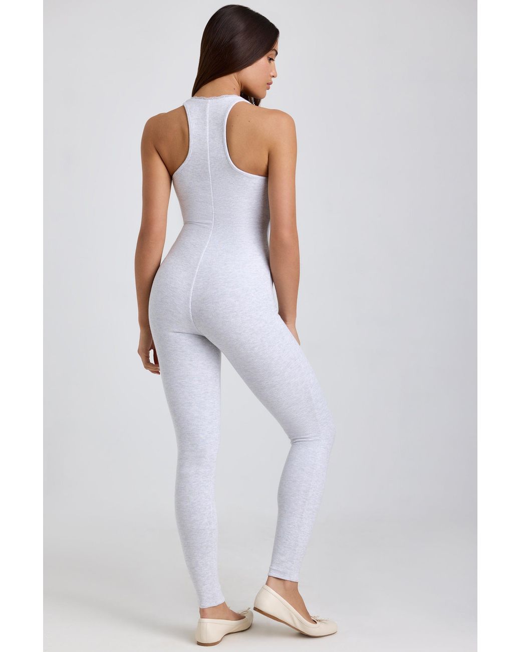 Oh Polly Gray Ribbed Modal Lace-Trim Jumpsuit