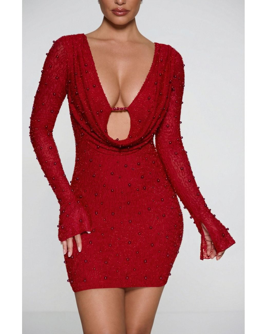 Oh Polly Red Long Sleeve Deep Plunge Mini Dress