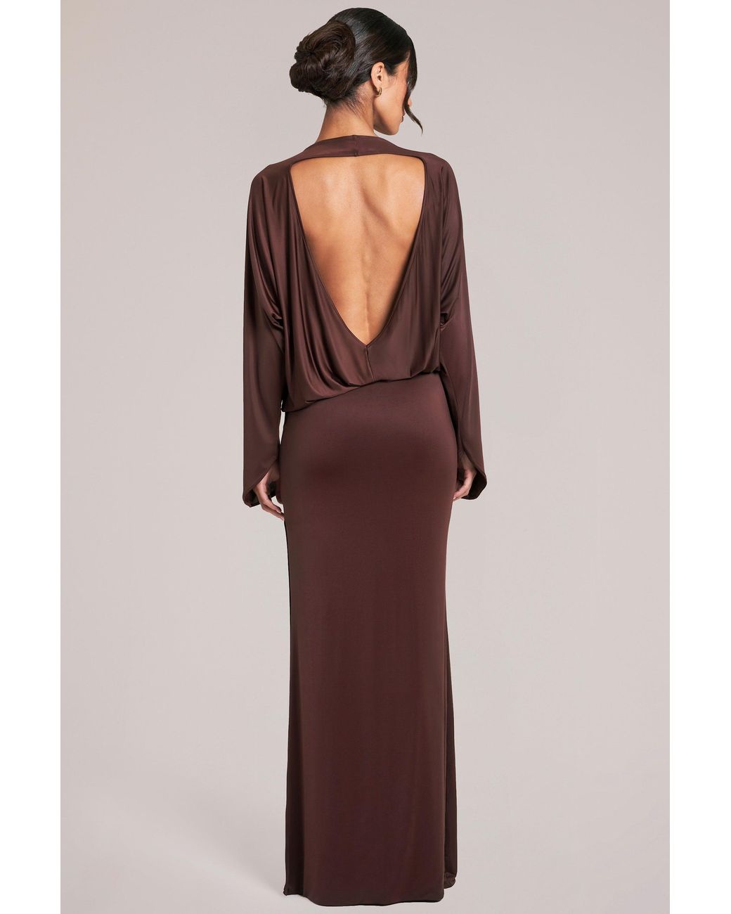 Oh Polly Brown Long-Sleeve Draped Maxi Dress