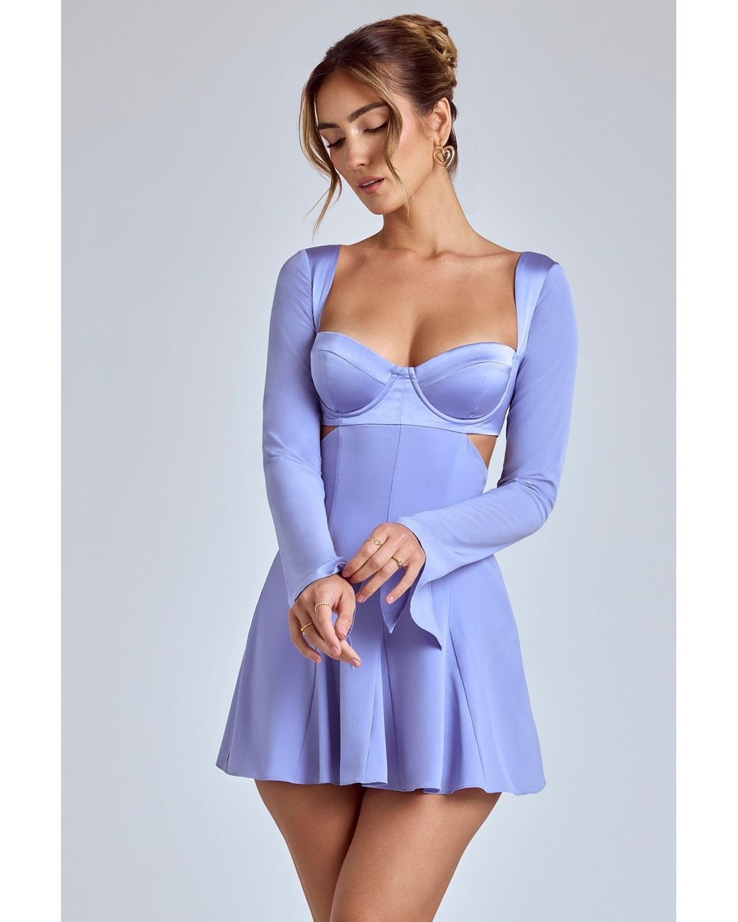 Oh Polly Blue Long Sleeve Godet Mini Dress