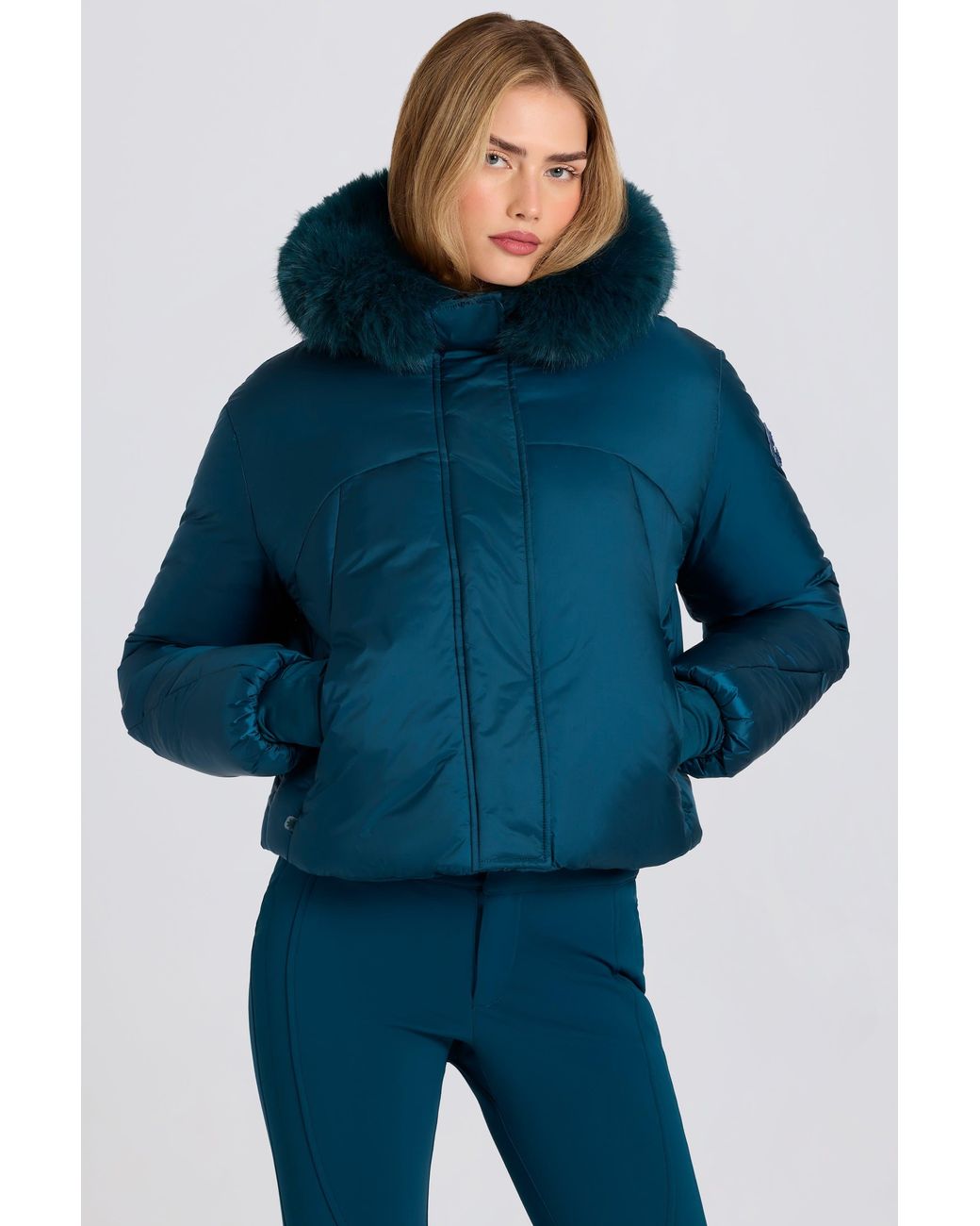 BO+TEE Blue Waterproof Faux-Fur Hood Cropped Ski Jacket