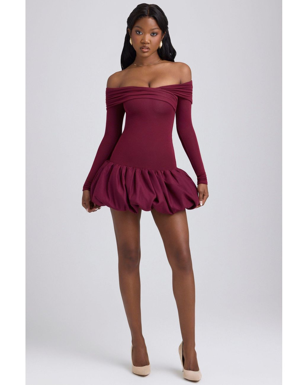 Oh Polly Red Modal Off-Shoulder Bubble Hem Mini Dress