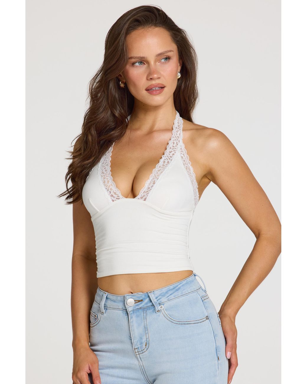 Oh Polly White Modal Lace-Trim Halterneck Top