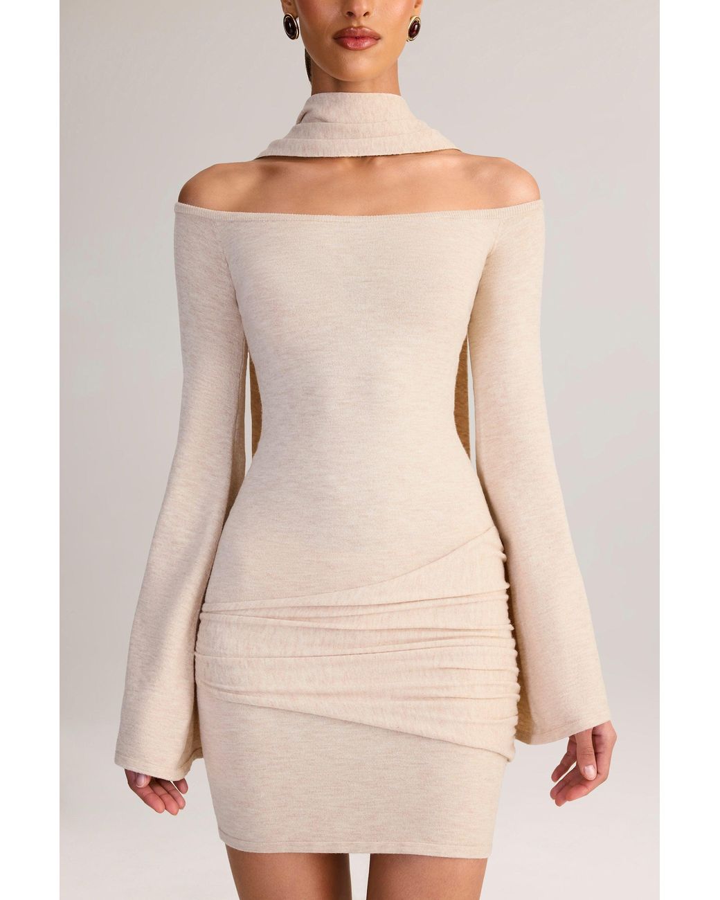 Oh Polly White Knit Scarf-Detail Off-Shoulder Mini Dress