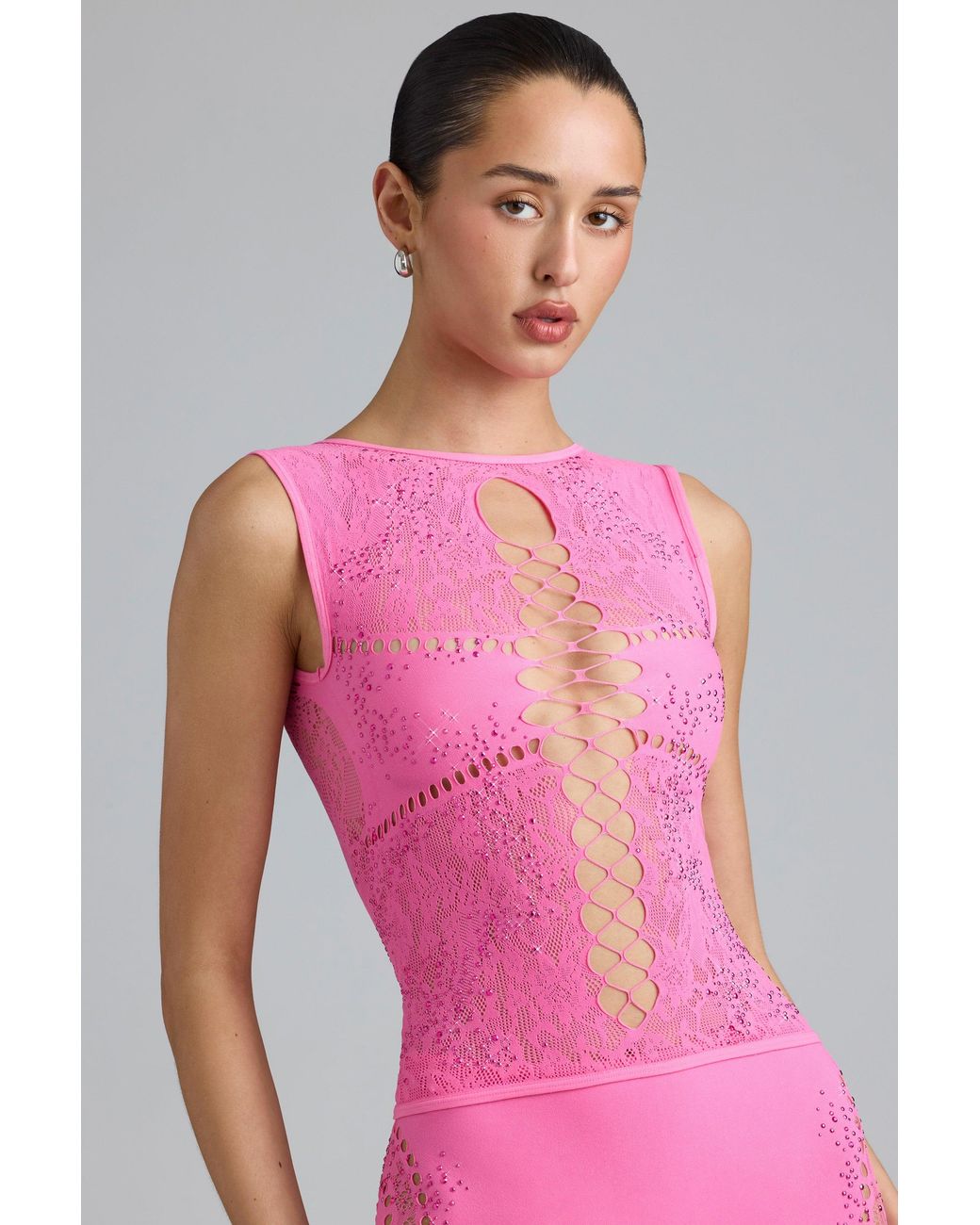 Oh Polly Pink Embellished Lace-Up High-Neck Top