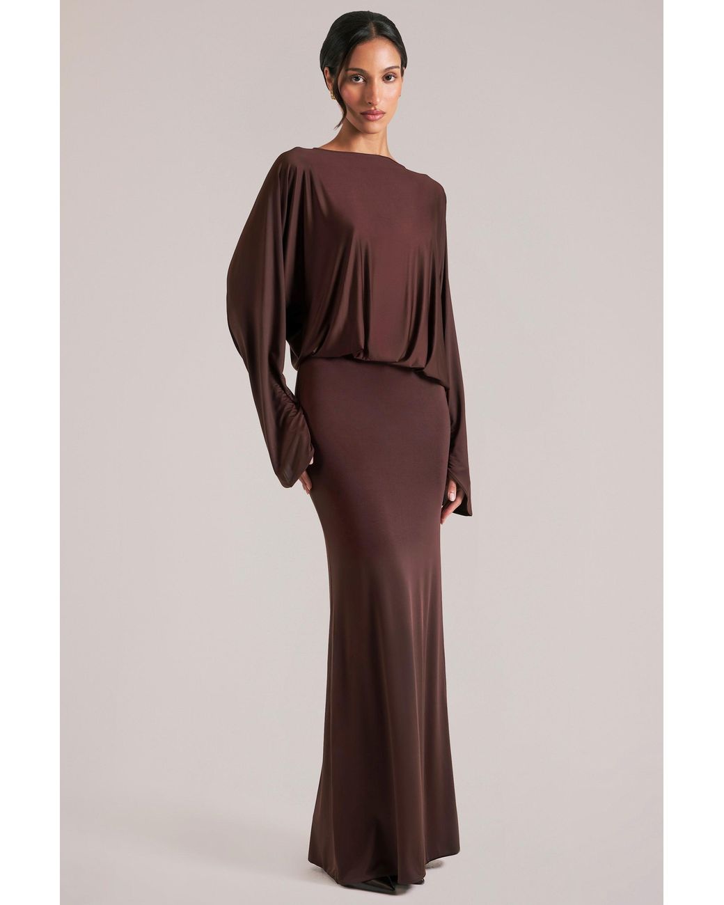 Oh Polly Brown Long-Sleeve Draped Maxi Dress