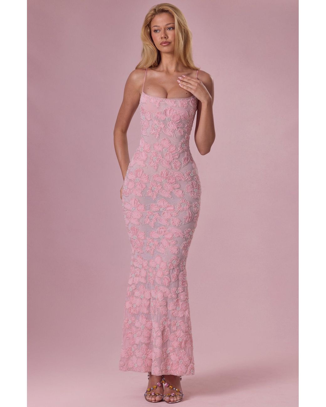 Oh Polly Pink Embellished Square Neck Maxi Dress