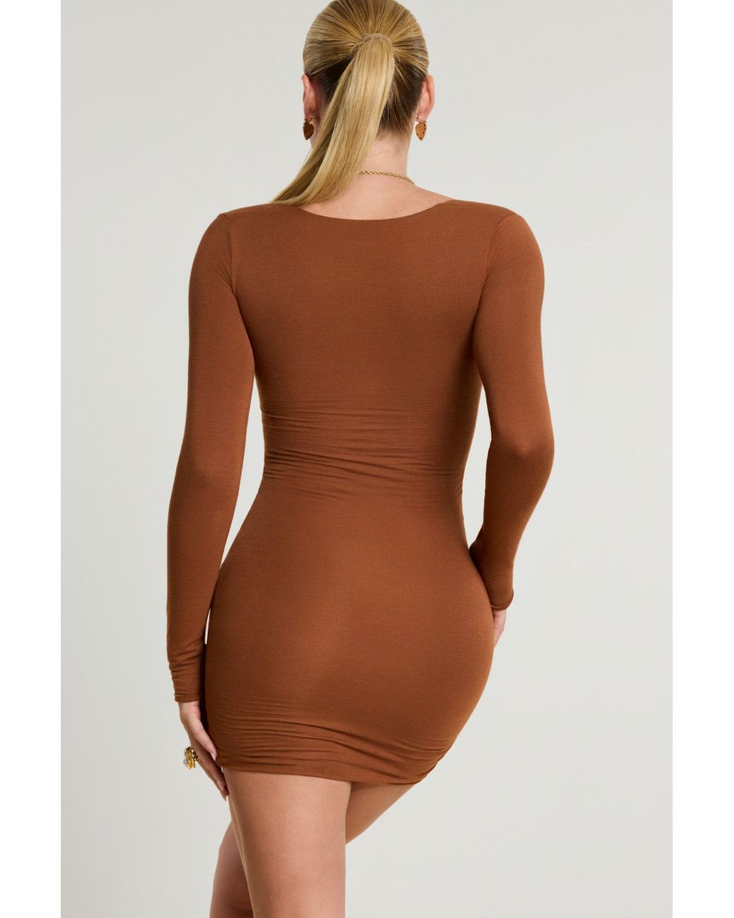Oh Polly Brown Long Sleeve Ruched Modal Cashmere Blend Mini Dress