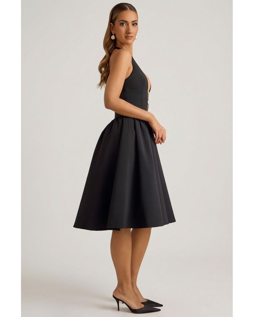 Oh Polly Black Halterneck Bow-Detail Midi Dress
