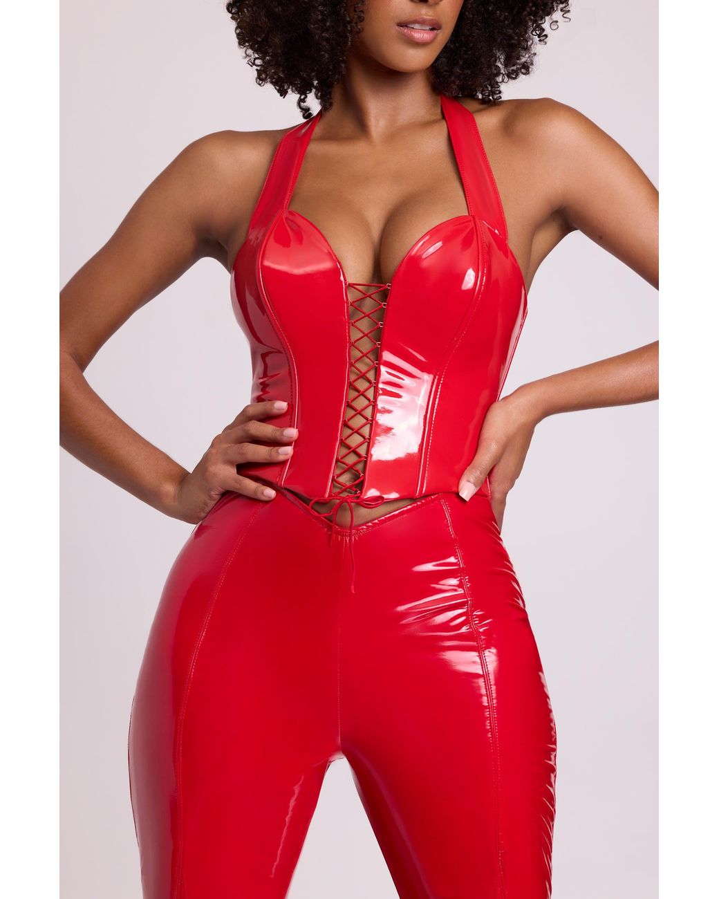Oh Polly Red Vinyl Halter Neck Lace Up Corset Crop Top