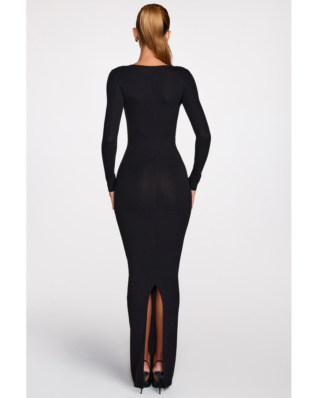 Oh Polly Black Ribbed Modal Long-Sleeve Plunge Maxi Dress