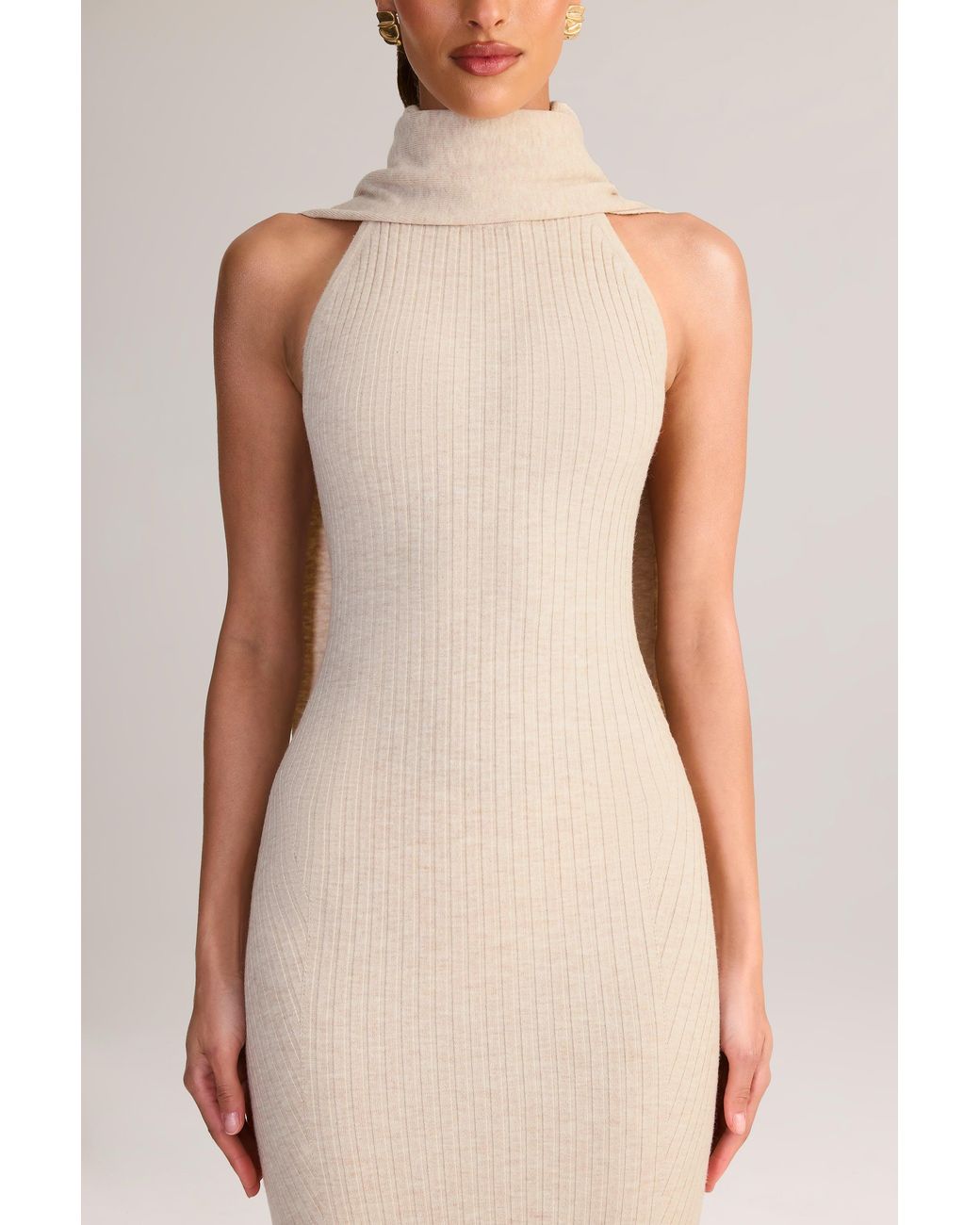 Oh Polly White Rib-Knit Scarf-Detail Halterneck Maxi Dress