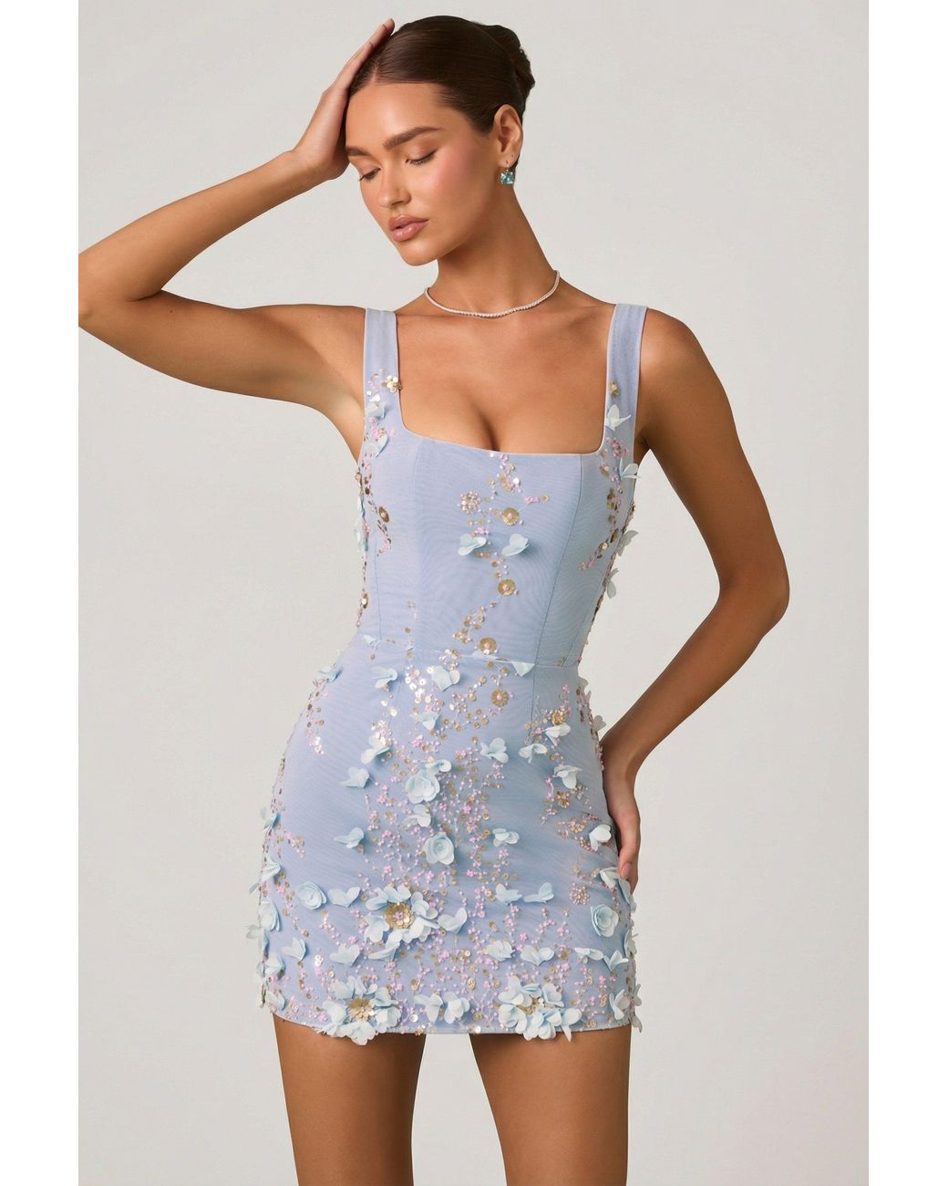 Oh Polly Blue Embellished Appliqué Corset Mini Dress