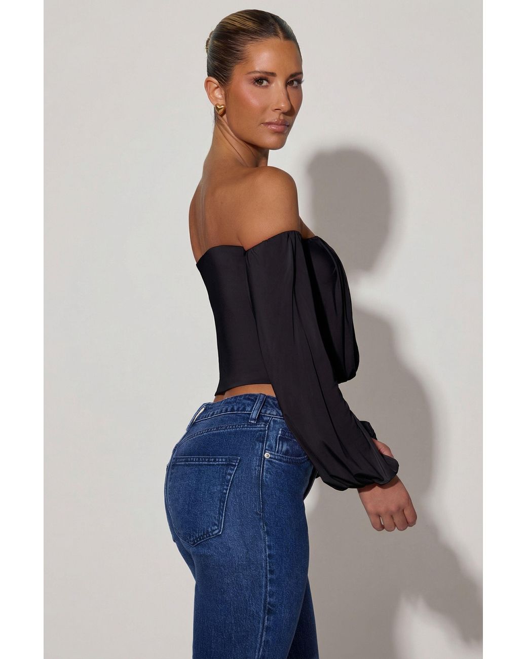 Oh Polly Black Off-Shoulder Draped Balloon-Sleeve Top