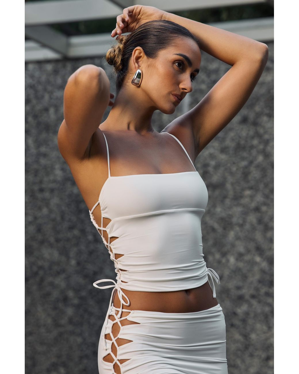Oh Polly White Ruched Cut-Out Top