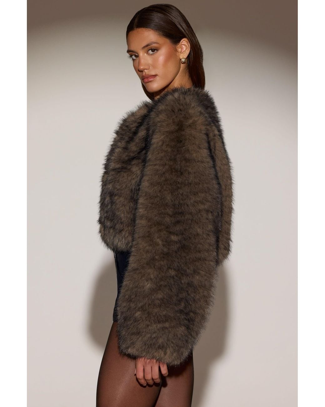 Oh Polly Brown Cropped Faux-Fur Jacket
