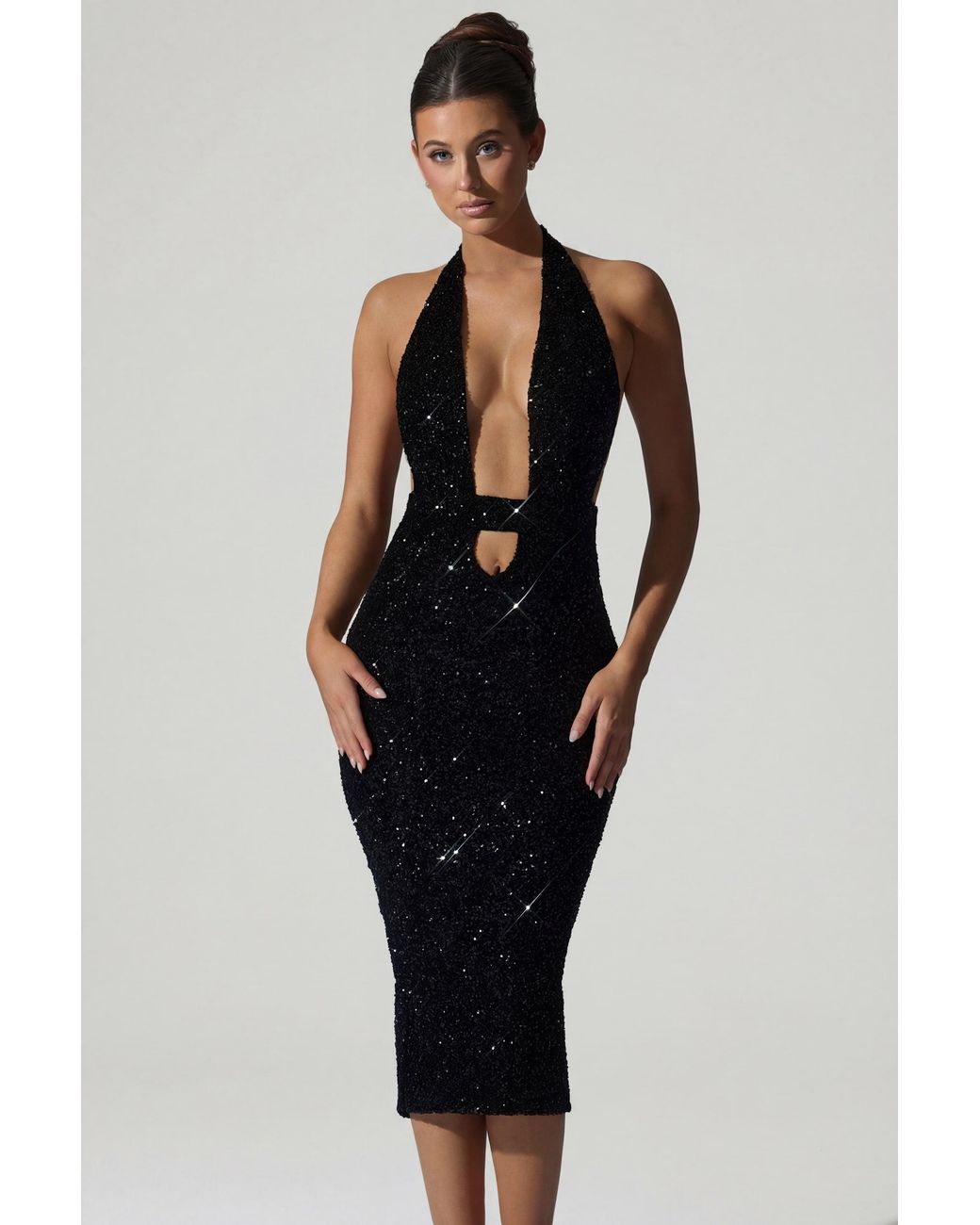 Oh Polly Black Embellished Cut-Out Open-Back Midaxi Dress